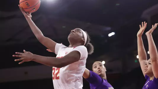 Jordyn Jenkins goes up and under for two of her 24 points vs. Washington at Galen Center