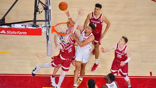 USC Trojans Basketball forward Isaiah Mobley lays up against Stanford Cardinal
