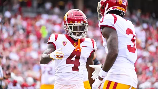 USC Trojans Football wide receivers Mario Williams and Jordan Addison celebrate