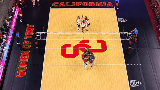 USC women's volleyball aerial view at Galen Center