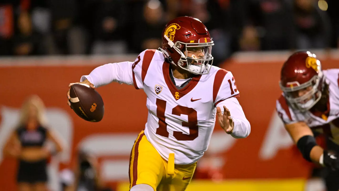USC Trojans Football quarterback Caleb Williams runs against Utah Utes