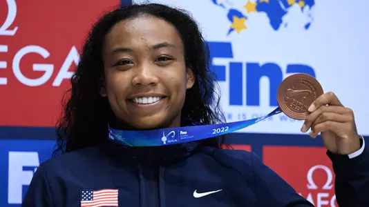 Bronze medalist Nike Agunbiade of United States poses on the podium after the Women's 10m Platform during day two of the FINA Diving World Cup Berlin at Schwimm- und Sprunghalle im Europasportpark (SSE) on October 22, 2022 in Berlin, Germany. (Photo by Oliver Hardt/Getty Images)