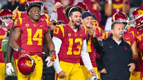 USC Trojans Football quarterback Caleb Williams celebrates