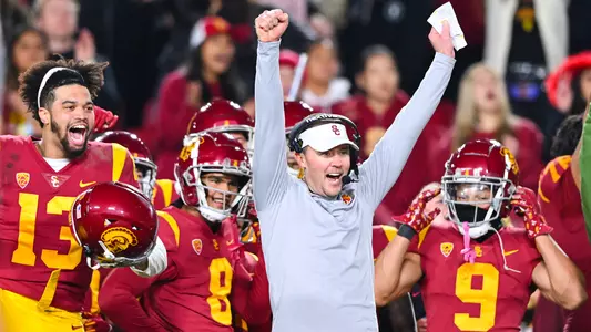USC Trojans Football head coach Lincoln Riley celebrates