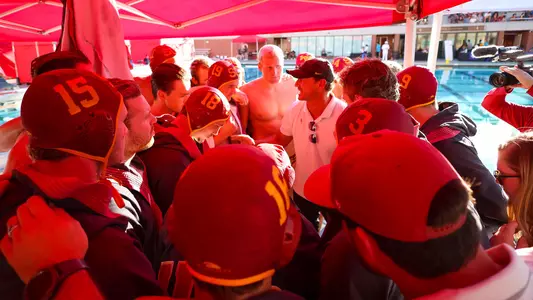 USC team and coaches huddle up before the 2022 MPSF Championship game at Uytengsu Aquatics Center