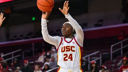 Okako Adika puts up a three in USC's season-opening win over CSUB at Galen Center