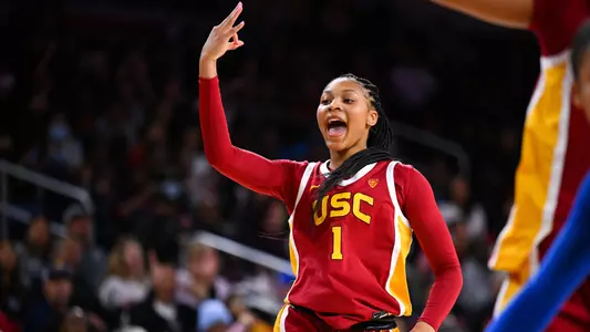 Taylor Bigby celebrates a 3-pointer made vs. UCLA at Galen Center