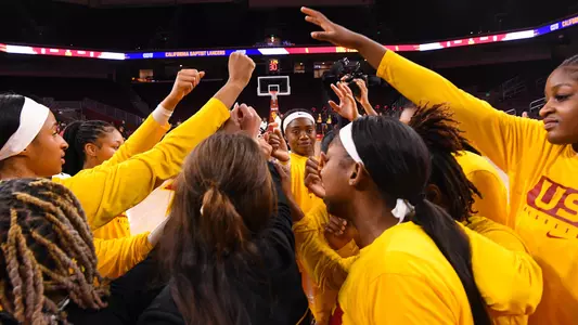 USC team huddles up before a game vs. CBU at Galen Center