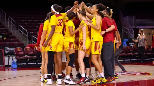 USC players huddle up before a game at Galen Center.