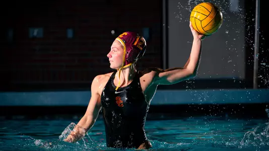 Alejandra Aznar rises out of the water during a photo shoot at Uytengsu Aquatics Center