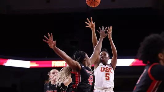 Jordan Sanders rises up for another bucket vs. Utah at Galen Center