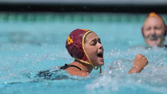 Mireia Guiral cheers a big goal scored in USC's win over UCLA at Uytengsu Aquatics Center