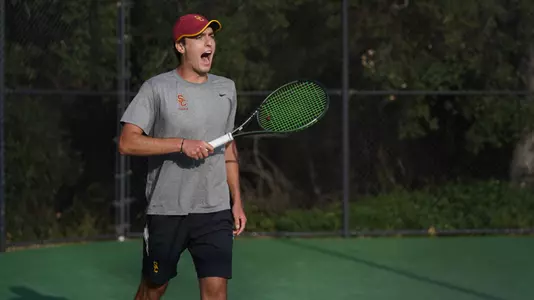 Samuel Rubell cheers a win during a Pac-12 Tournament match vs. Cal