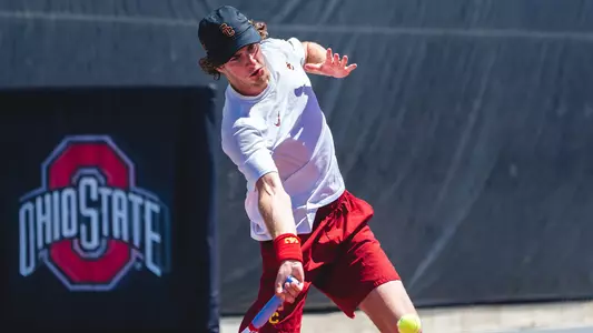 Ryder Jackson rips a forehand during the NCAA Super Regional at Ohio State.