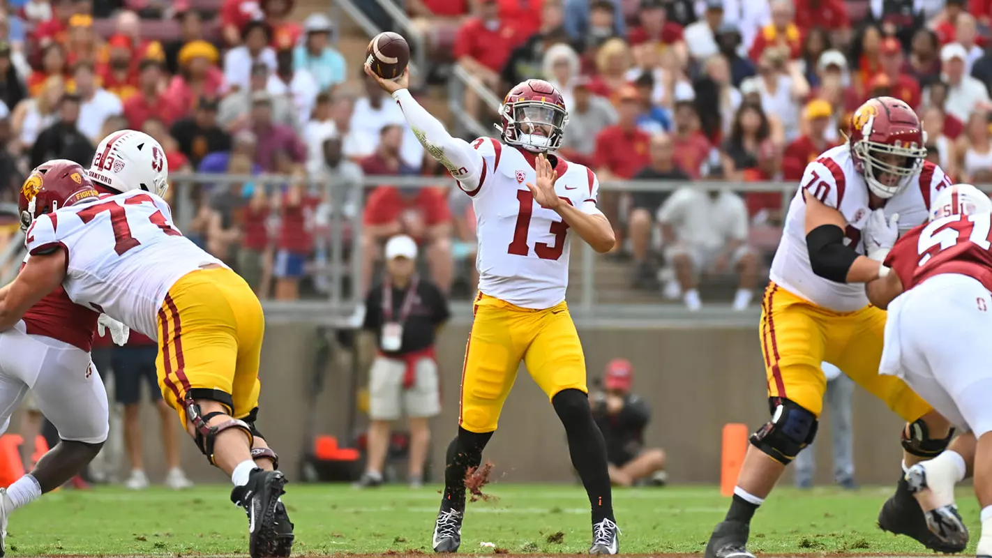 USC Trojans Football quarterback Caleb Williams passes against Stanford Cardinal