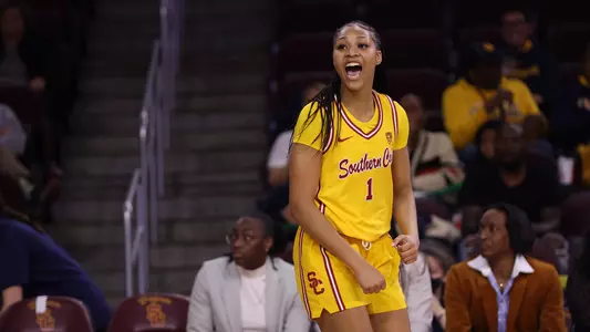Taylor Bigby celebrates a basket made vs. Cal at Galen Center