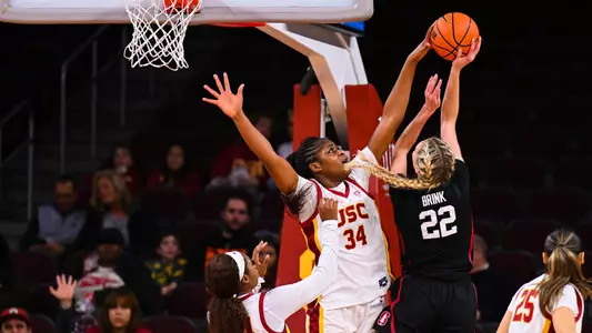 Clarice Akunwafo blocks a shot by Stanford's Cameron Brink in USC's upset win at the Galen Center.