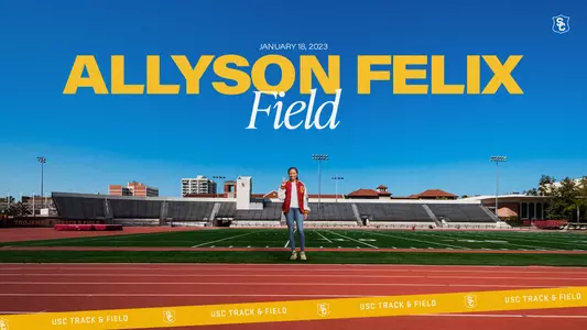 Graphic showing Allyson Felix standing on new field named in her honor