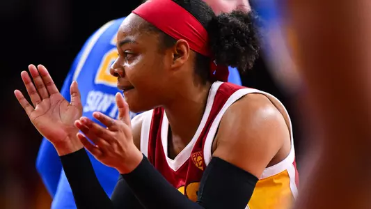 Kayla Williams claps during USC's game vs. UCLA at Galen Center