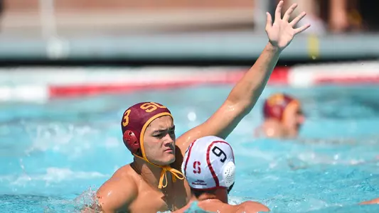 Evan Ausmus defends a Stanford player in a USC win at Uytengsu Aquatics Center