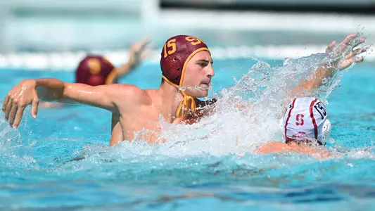Jack Vort defends a Stanford player at Uytengsu Aquatics Center