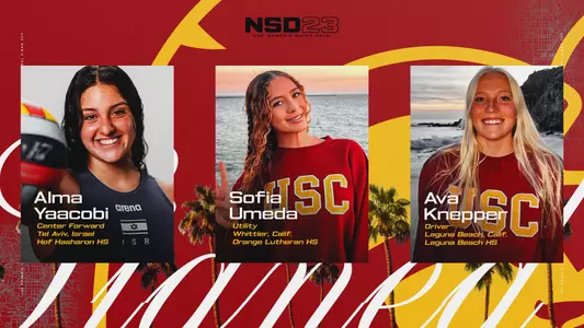 women's water polo signees Ava Knepper, Alma Yaacobi, Sofia Ulmeda