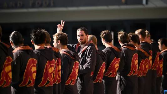 Max Miller turns to the crown during team intros at Uytengsu Aquatics Center