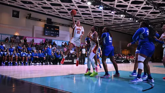 McKenzie Forbes goes to the hoop against Seton Hall in the Bahamas