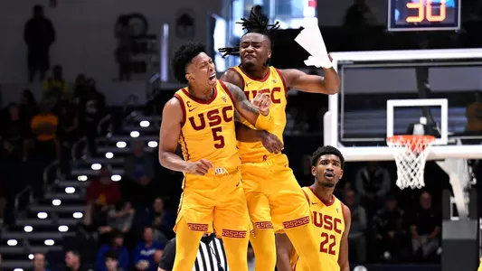 USC Trojans Basketball guards Boogie Ellis and Isaiah Collier celebrate vs. Seton Hall Pirates