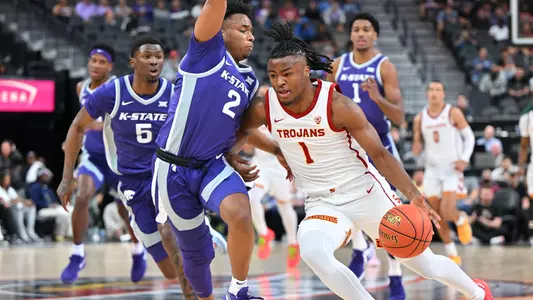 USC Trojans Basketball guard Isaiah Collier dribbles vs. Kansas State Wildcats