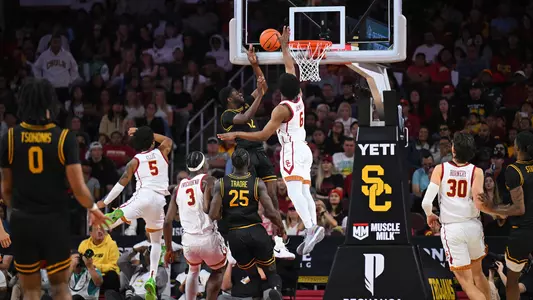 USC Trojans Basketball guard Bronny James blocks against Long Beach State