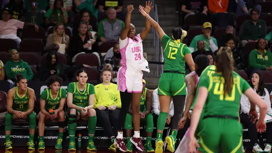 Okako Adika puts up one of her four made 3-pointers vs. Oregon at Galen Center