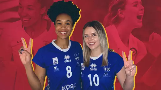 Alicia Ogoms and Shannon Scully posing together on graphic with cardinal background