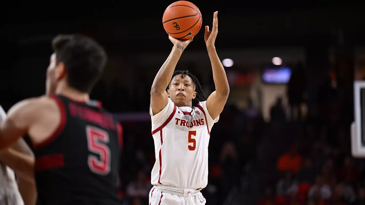 USC Trojans Basketball guard Boogie Ellis shoots over Stanford Cardinal