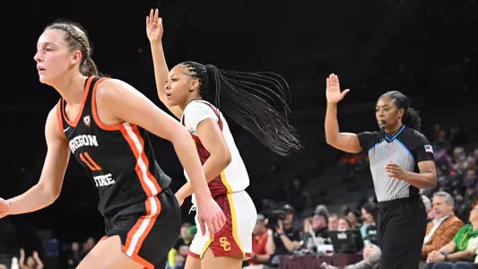 Taylor Bigby celebrates a made 3-pointer vs. OSU at the Pac-12 Tournament