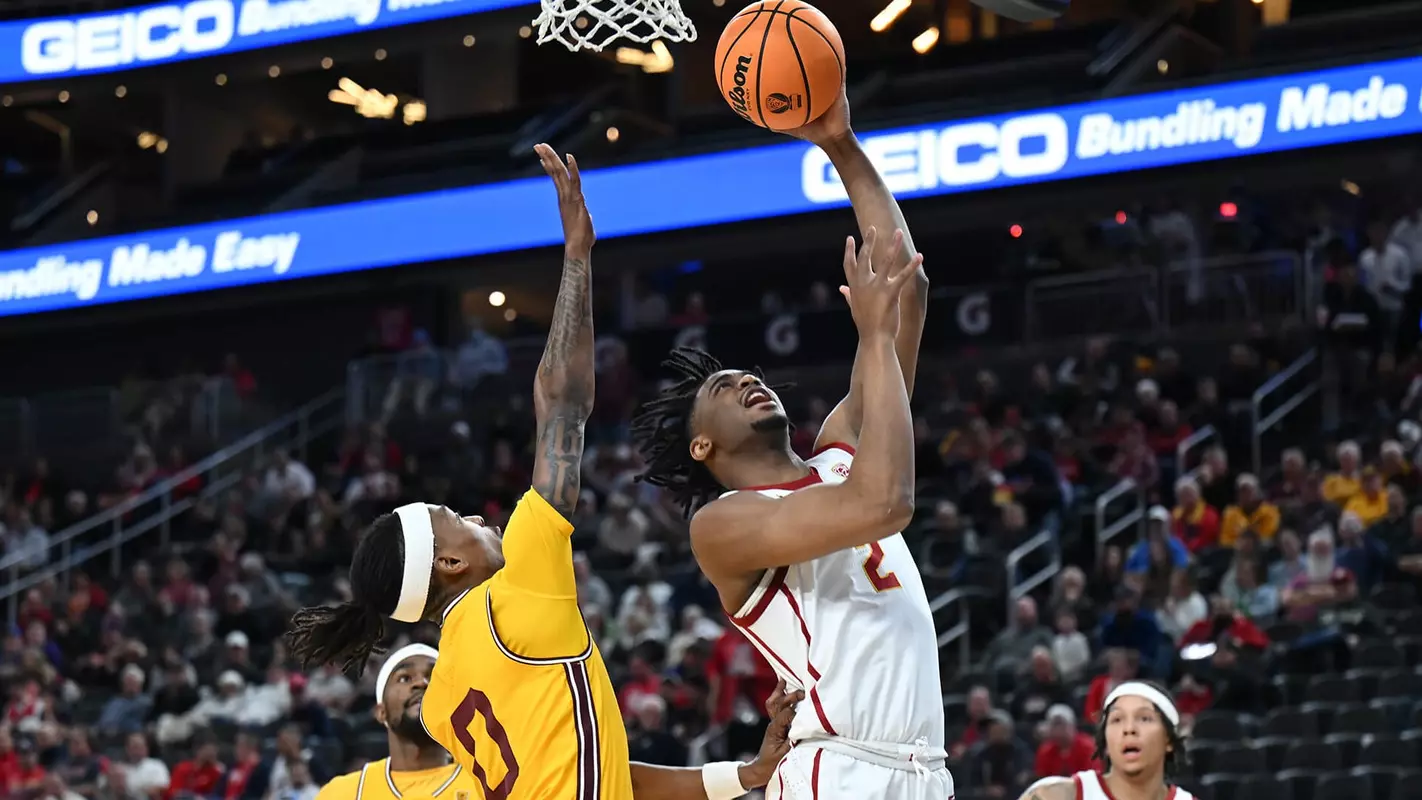 USC Trojans Basketball guard Reese Dixon-Waters lays up against Arizona State Sun Devils in Pac-12 Tournament