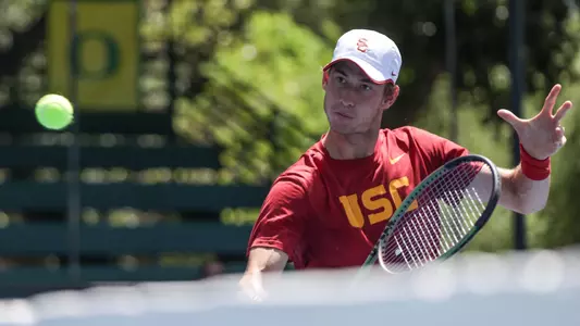 USC’s men’s tennis team plays the University of Oregon in the quarter finals of the PAC-12 Championships on April 27 2023 in Ojai CA. The Trojans would defeat the Ducks 4-0. (Photo by Yannick Peterhans/)