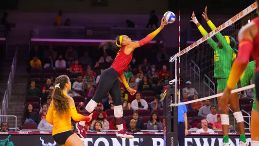USC Trojans Volleyball outside hitter Skylar Fields hits against Oregon Ducks