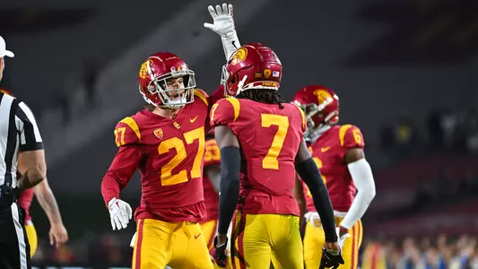USC Trojans Football defensive backs Bryson Shaw and Calen Bullock celebrate