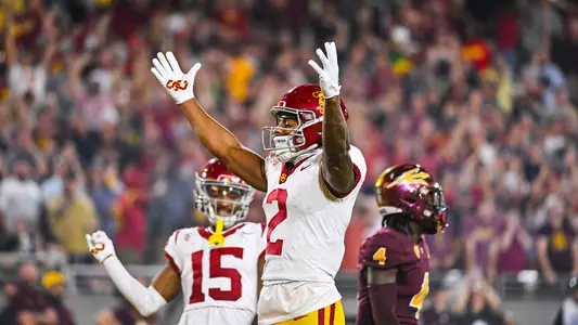 USC Trojans Football wide receiver Brenden Rice celebrates against Arizona State Sun Devils