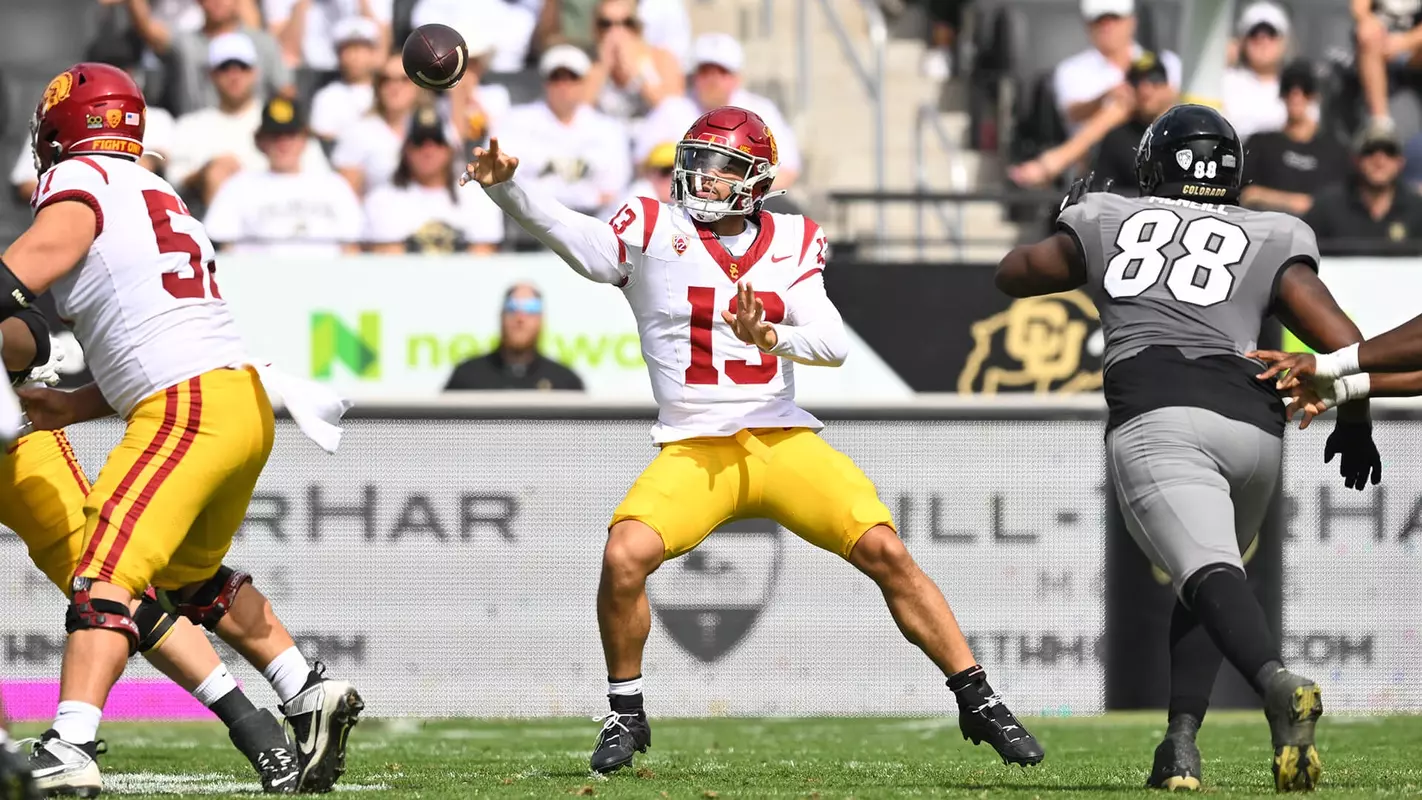 USC Trojans Football quarterback Caleb Williams passes against Colorado Buffaloes