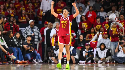 JuJu Watkins celebrates a USC score in the Trojans' win over UCLA at Galen Center