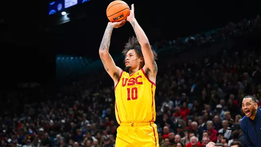 USC Trojans Men's Basketball guard DJ Rodman shoots over Gonzaga Bulldogs