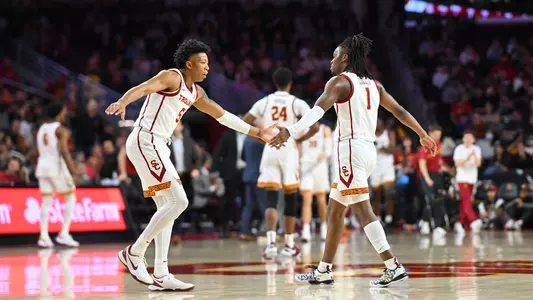 USC Trojans Basketball guards Isaiah Collier and Boogie Ellis celebrate vs. Stanford Cardinal
