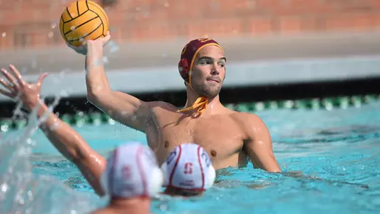Luka Brnetic looks to attack vs. Stanford at Uytengsu Aquatics Center