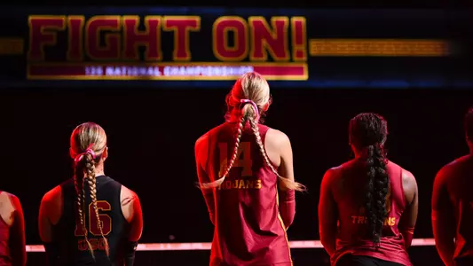 Ally Batenhorst and Gala Trubitn watch intro video at Galen Center