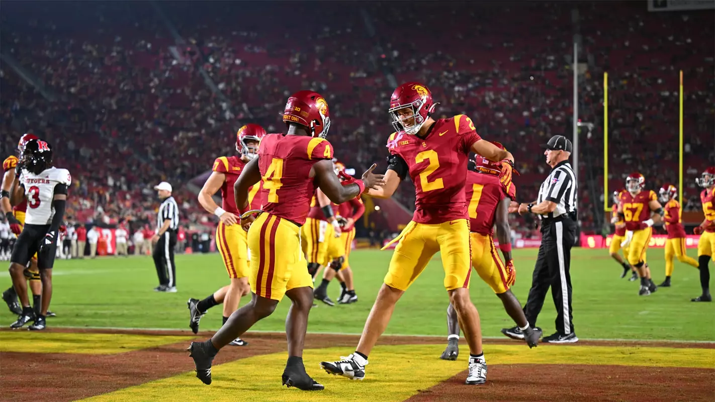 USC Trojans Football Running Back Woody Marks celebrates touchdown against Rutgers