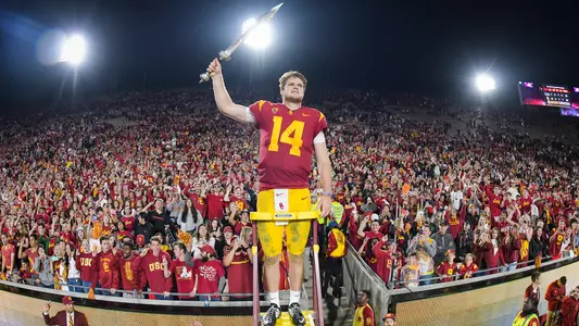 USC Trojans Football quarterback Sam Darnold with sword