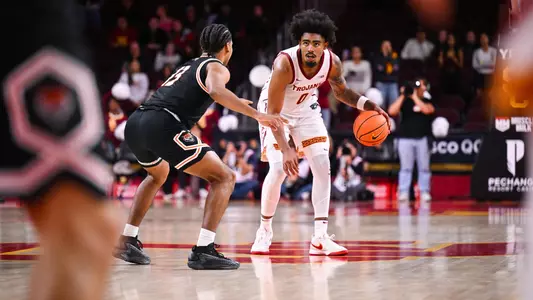 USC men's basketball player Saint Thomas brings the ball down court as the Trojans beat Idaho State 75-69 on November 7th, 2024 in Los Angeles, Calif.