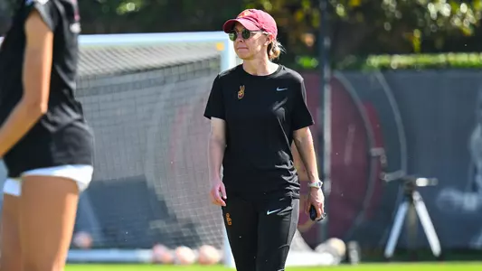 USC Soccer Head Coach Jane Alukonis walks along the sideline during a training session at McAlister Field.